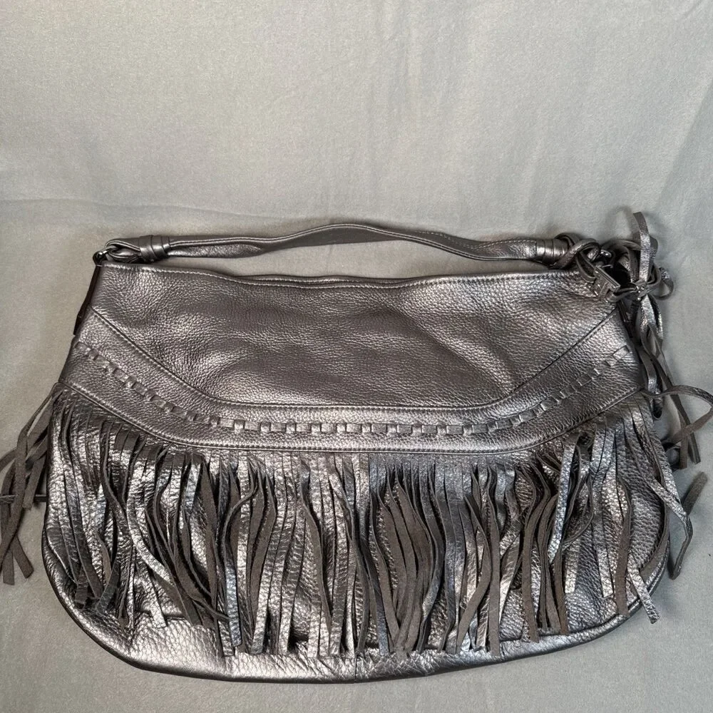 Aimee Kestenberg Fringed Silver Leather Boho Hobo Shoulder Bag Large Y2K